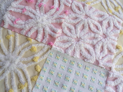 Vintage Chenille Fabric Squares: Springtime Pink & Yellow Set of 16 Quilt Blocks, 6" each