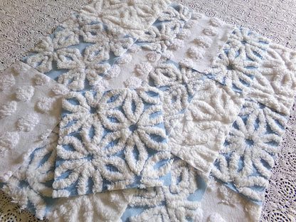 Breezy Blue & White Chenille Fabric Squares Set, 16 Vintage Quilt Blocks, 6" x 6" inches each, for Quilting, Sewing, DIY Pillows