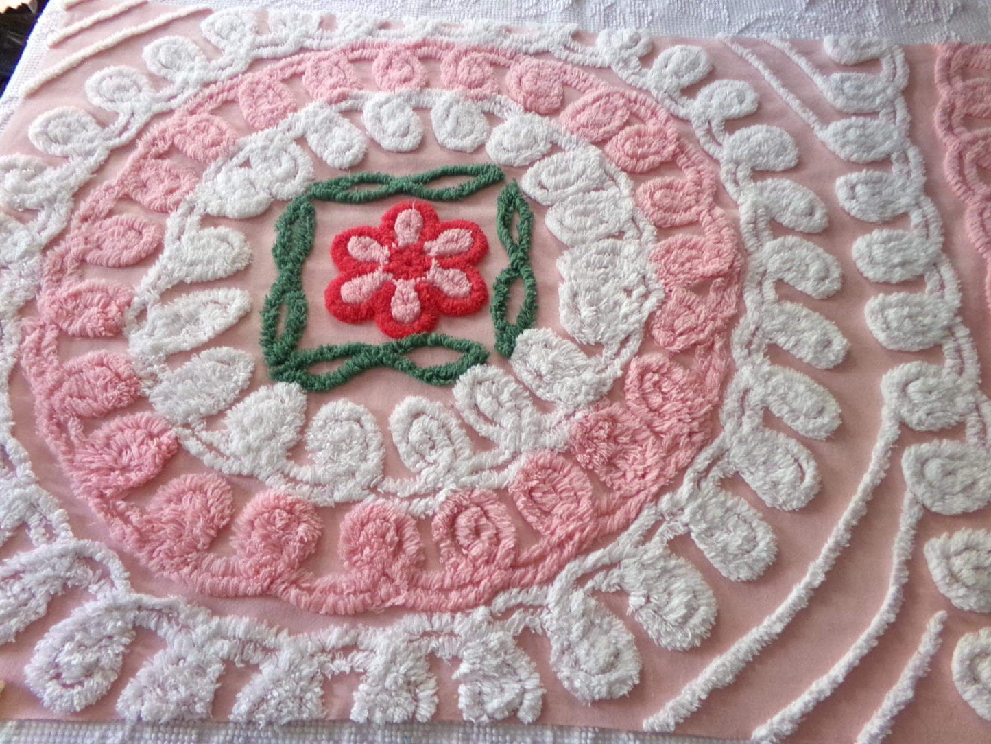 shabby pink vintage chenille fabric, cake frosting floral curlicues, 20" x 31"