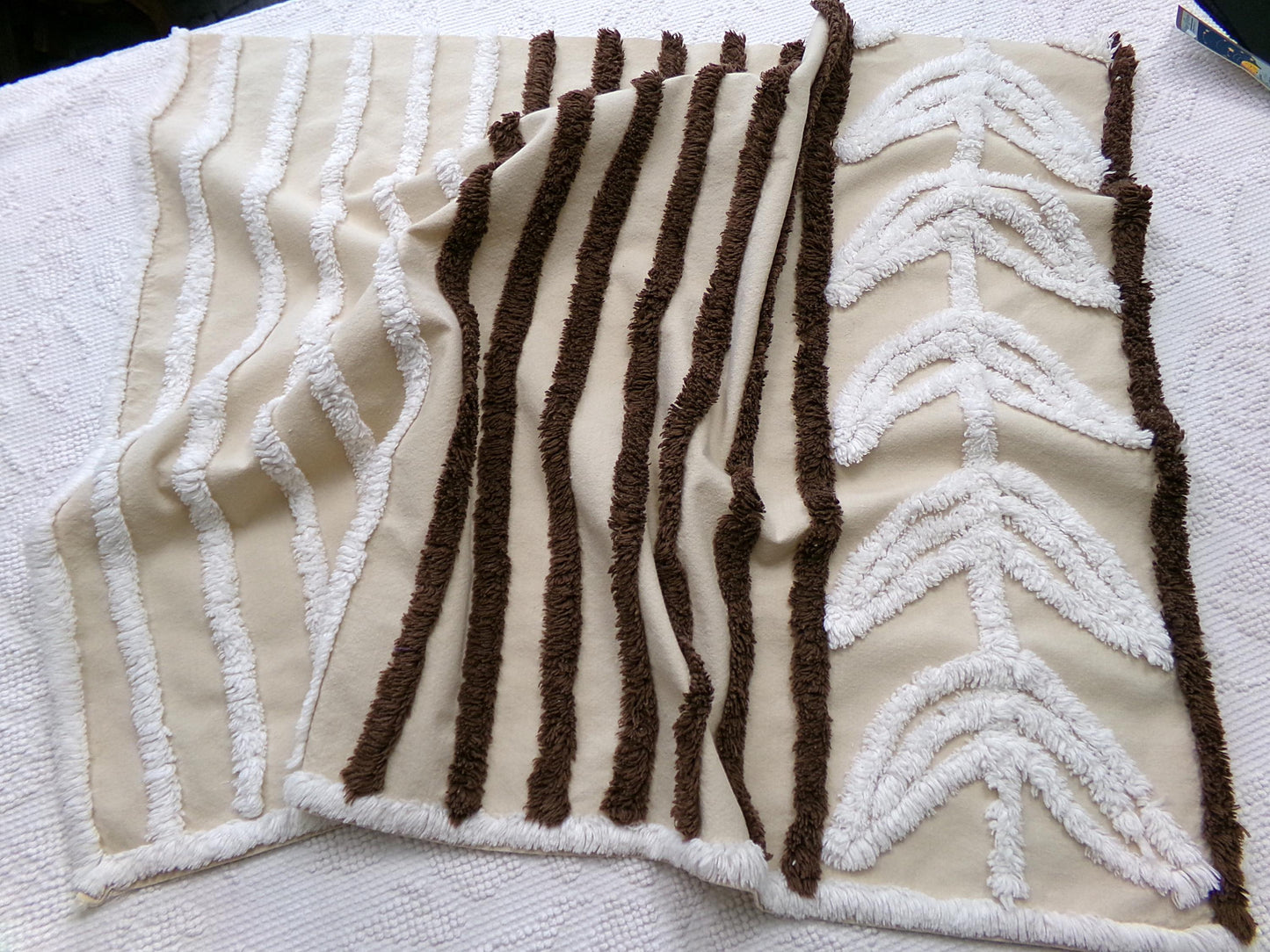 mocha leaf stripe vintage chenille fabric: contrast brown & white striped design, 20" x 24" sewing material for quilting, crafts