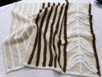 mocha leaf stripe vintage chenille fabric: contrast brown & white striped design, 20" x 24" sewing material for quilting, crafts
