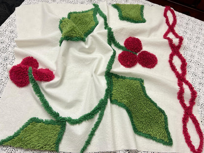 Holiday Vintage Chenille Fabric, Winter Holly Berry 22x20" Craft Piece