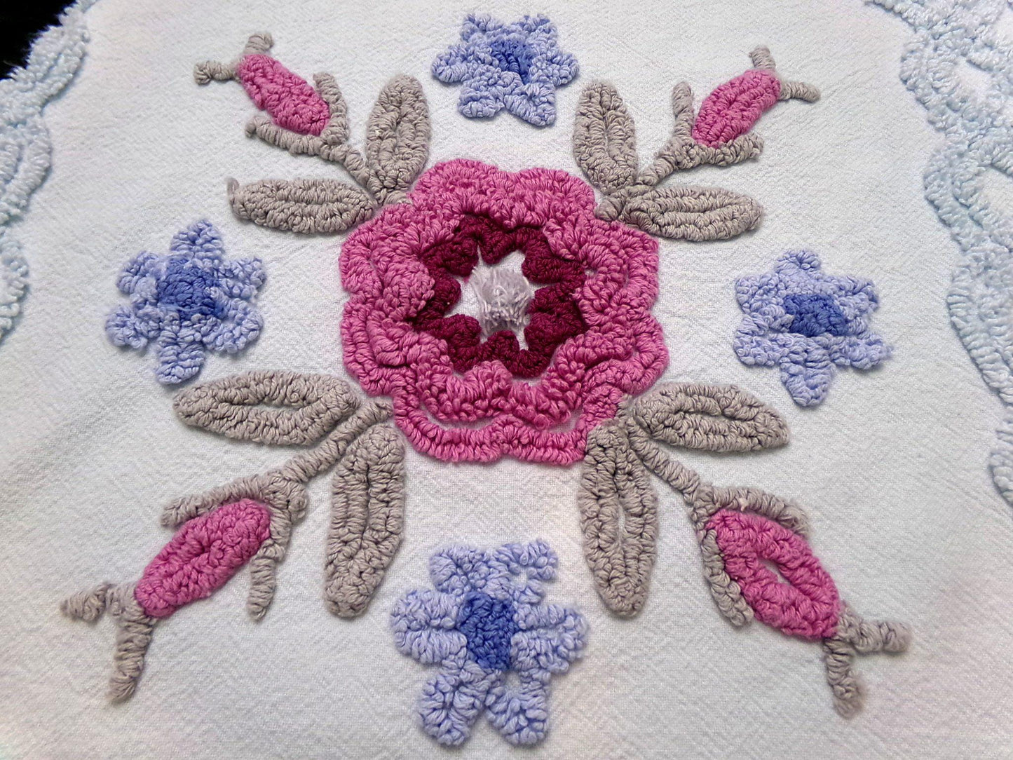 Ice Blue Vintage Chenille Fabric Double Tufted Rose Medallion Floral Lattice 23x36"