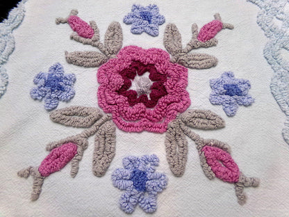 Ice Blue Vintage Chenille Fabric Double Tufted Rose Medallion Floral Lattice 23x36"
