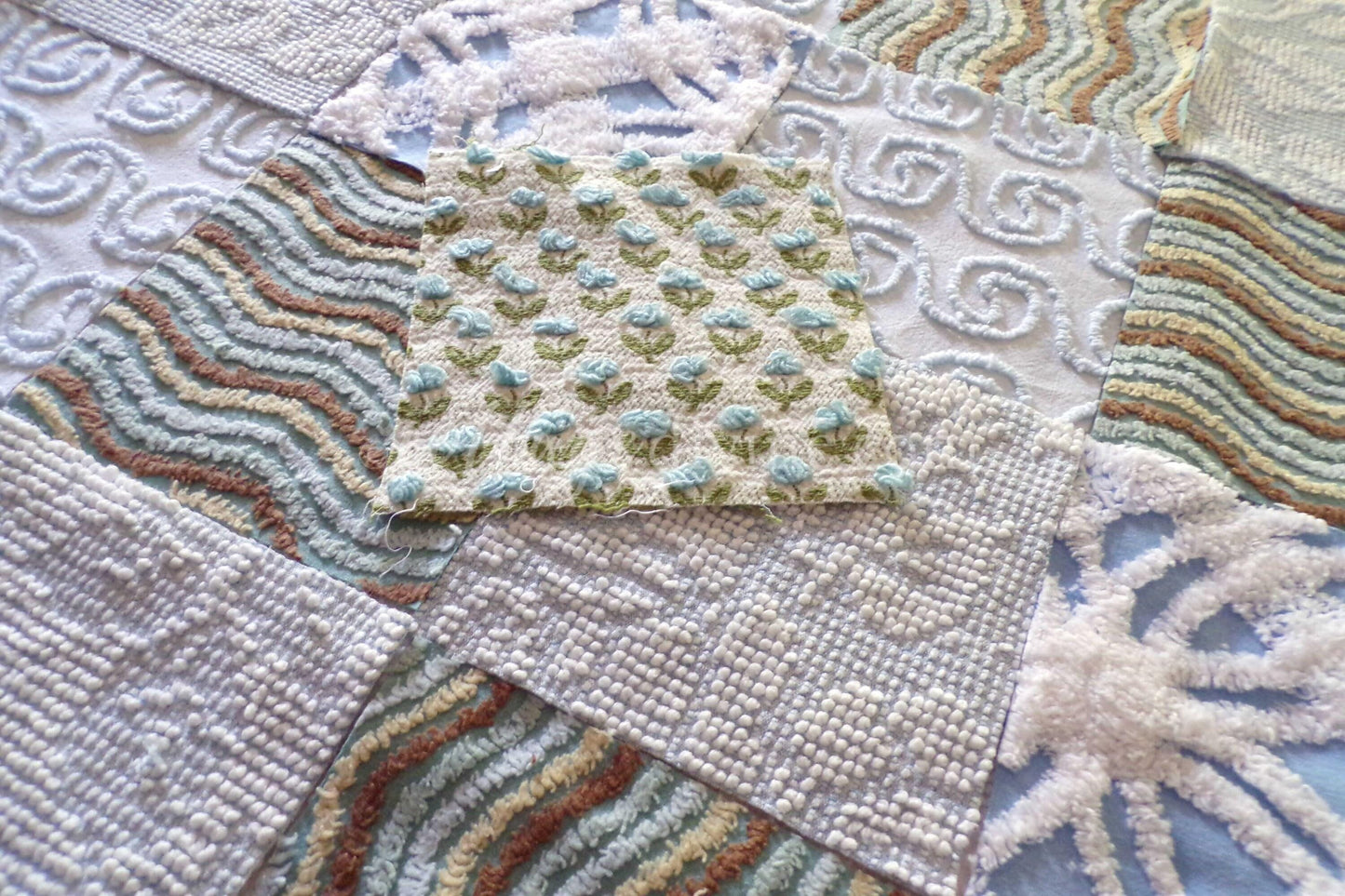 Breezy Blues Vintage Chenille Fabric Squares, Set of 17 Quilt Blocks, 6" x 6" inch, for Slow Stitching, Junk Journals, Quilting