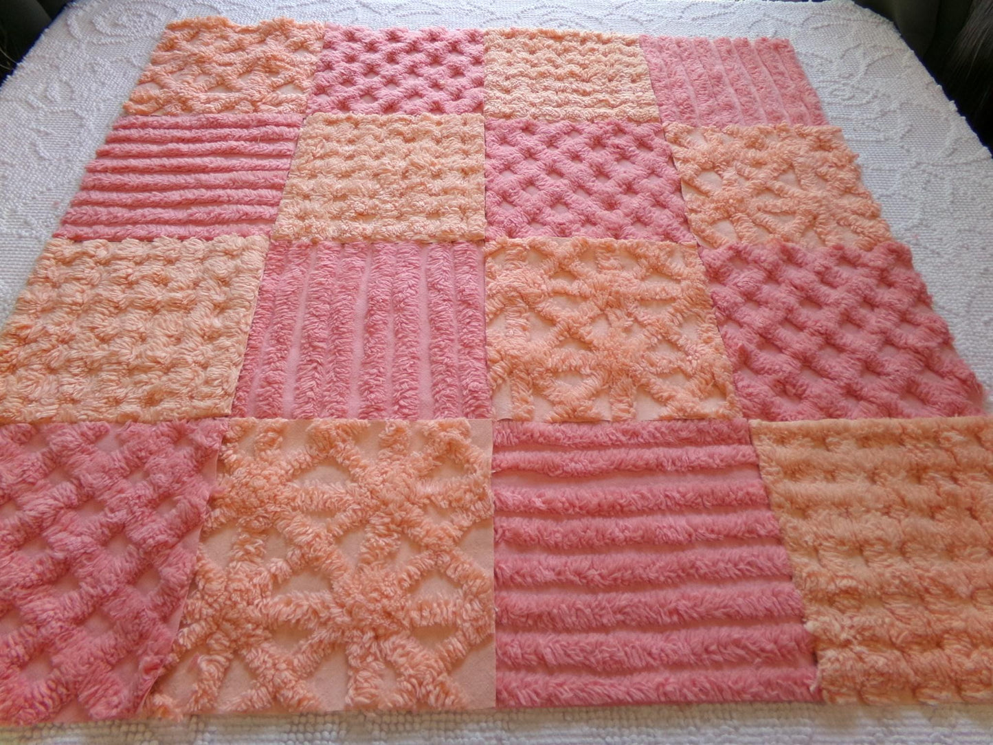 peach sorbet vintage chenille fabric squares, set of 16 plush soft tufted 6" quilt blocks