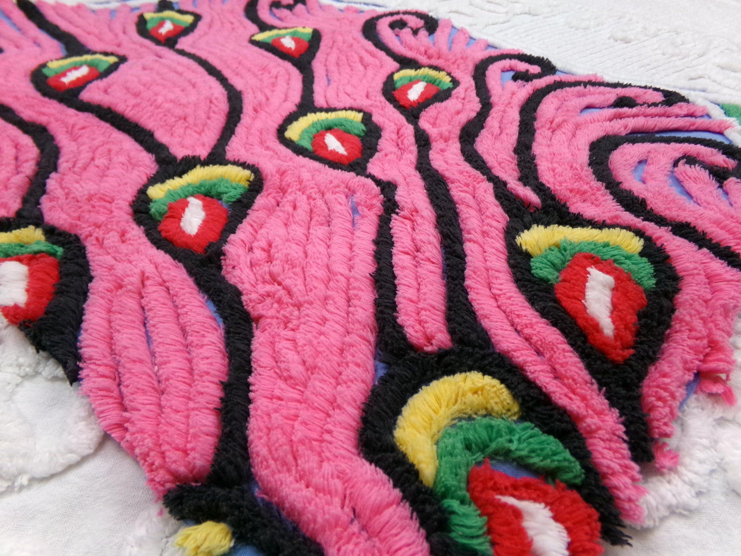 Pink Peacock Vintage Chenille Fabric, exotic tail feathers, sewing craft quilt material 17" x 23" piece