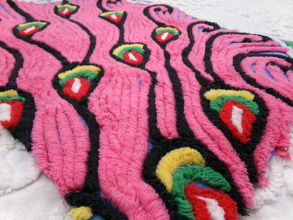 Pink Peacock Vintage Chenille Fabric, exotic tail feathers, sewing craft quilt material 17" x 23" piece