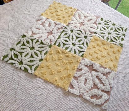 Vintage Patchwork Chenille Fabric Craft Panel - Hippie Boho Style 16" square ideal for Pillows, Quilting, Wall Hangings