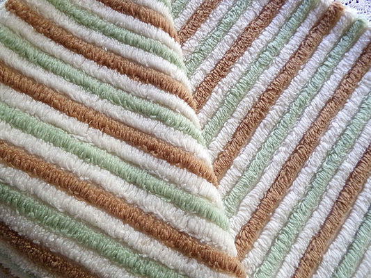 vintage striped chenille fabric in cocoa puff & mint green velvety soft stripes, 18" x 24" cut piece