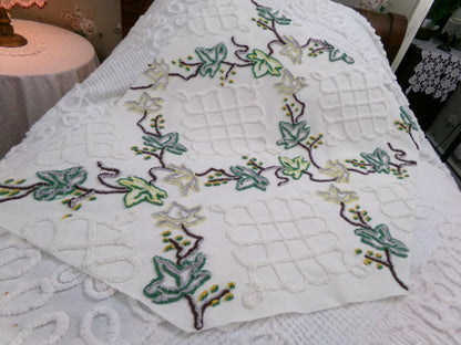 rambling ivy vintage chenille fabric, 21" x 24" irregular cut piece, unique tufted leaf design on antique white, great in pillows, quilts