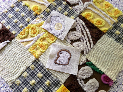 retro diner vintage 6" chenille squares, set of 16 novelty quilt blocks cut from vintage chenille bedspread fabrics, breakfast eggs & toast