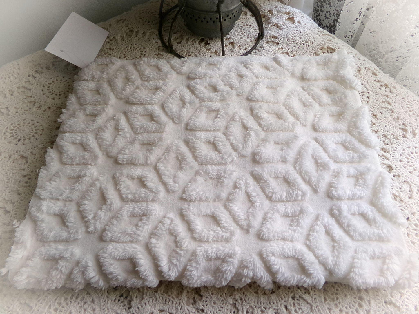 cozy cream snowflake vintage chenille fabric, versatile neutral geometric design, 18 x 24"