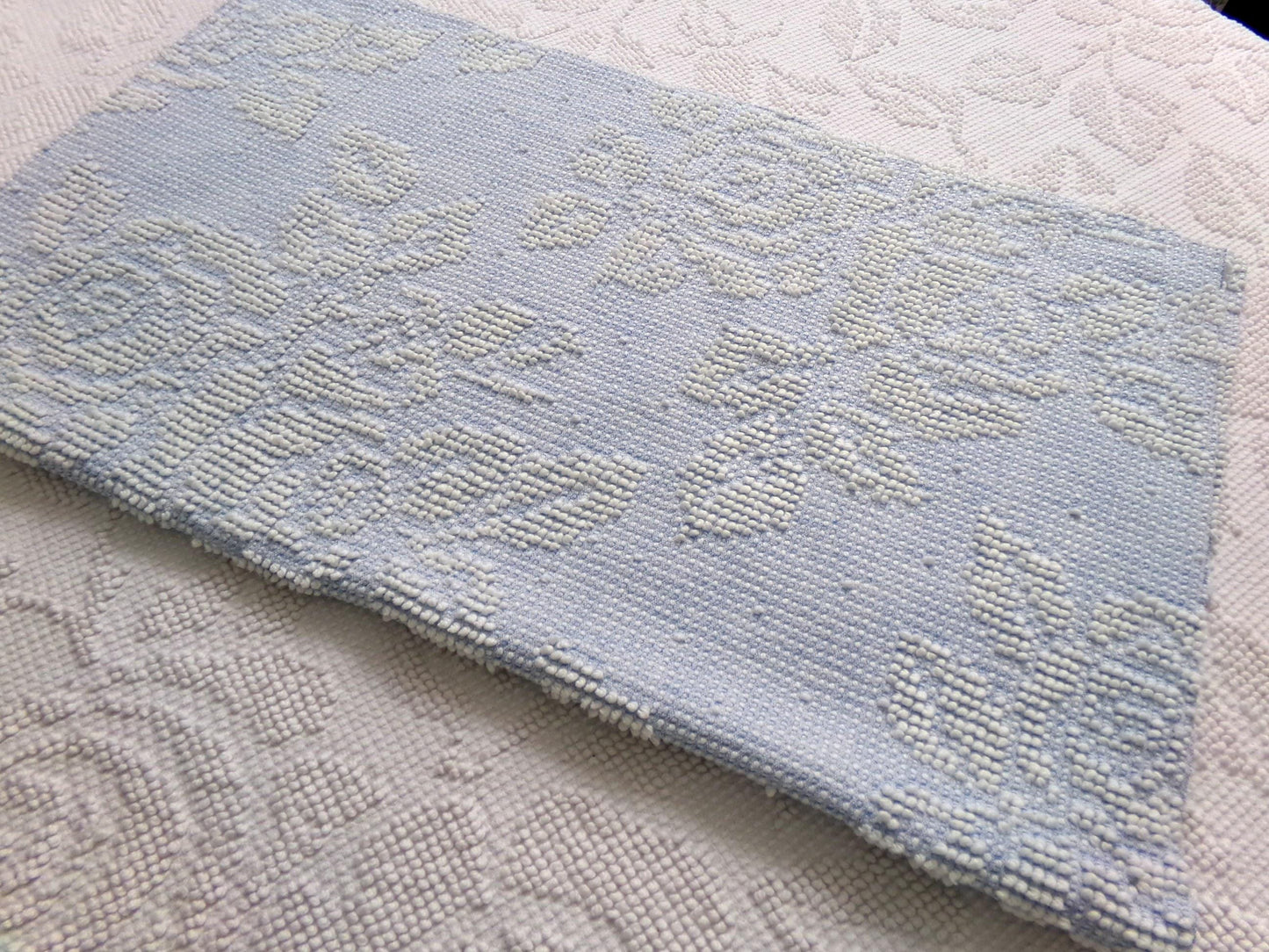 vintage hobnail rose fabric, blue & white woven chenille floral dot design, 19" x 24" piece