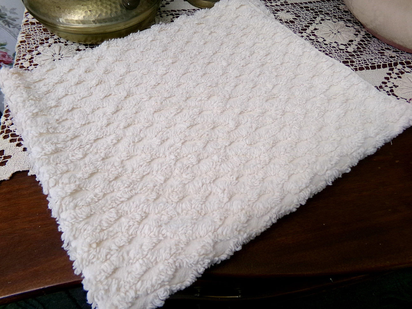 Simple Vanilla Vintage Chenille Fabric, tufted lattice design, sewing craft quilt material, 20" x 24" piece