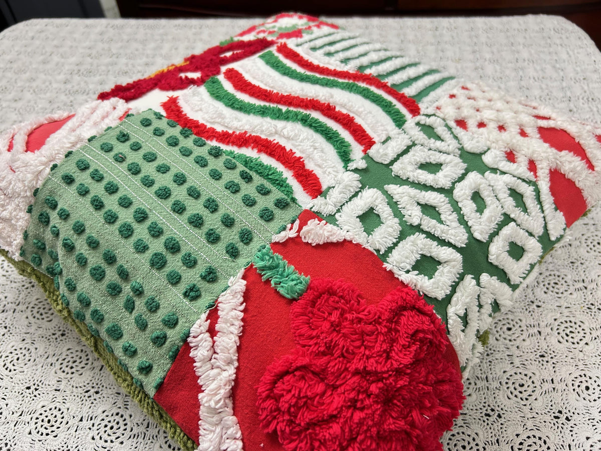 Vintage Christmas Chenille Pillow Cover, 16" Square Reversible Holiday Patchwork Design