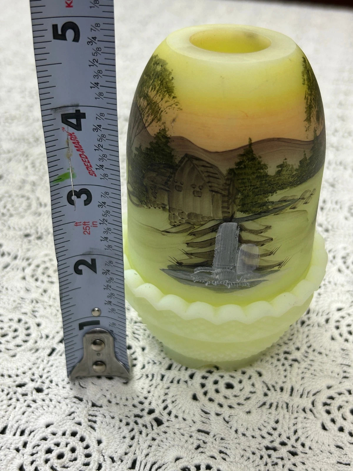 Vtg Fenton Fairy Lamp Satin Custard Glass Hand Painted Water Mill Gloria Finn
