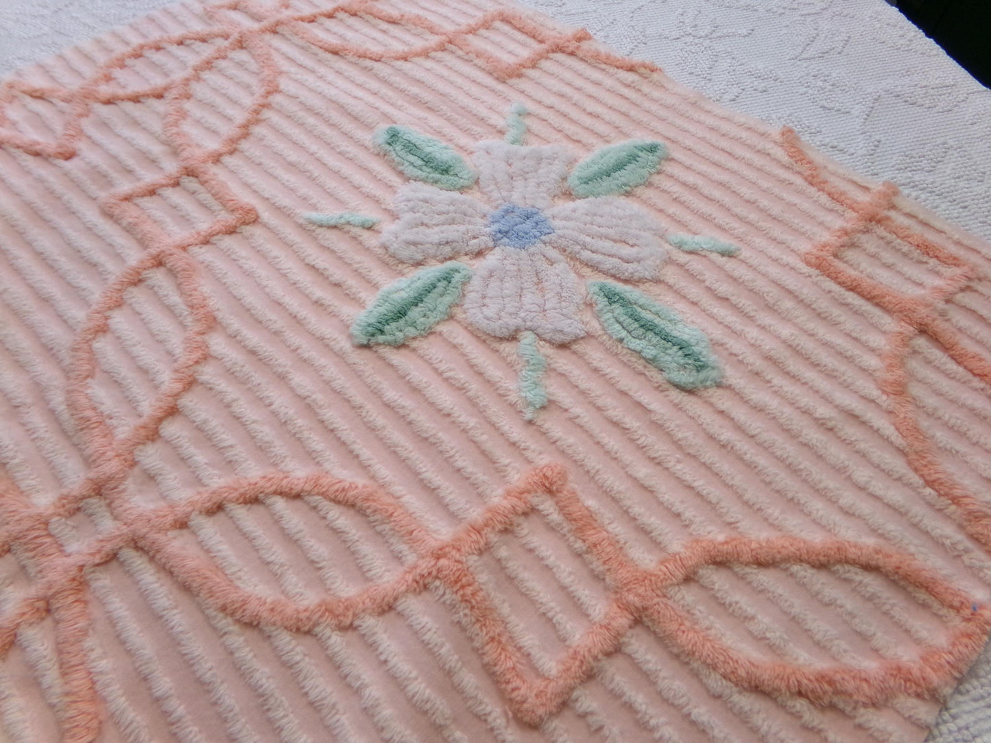 peach lily vintage chenille fabric w/ striking geometric accents, 20" x 24" piece of sewing material