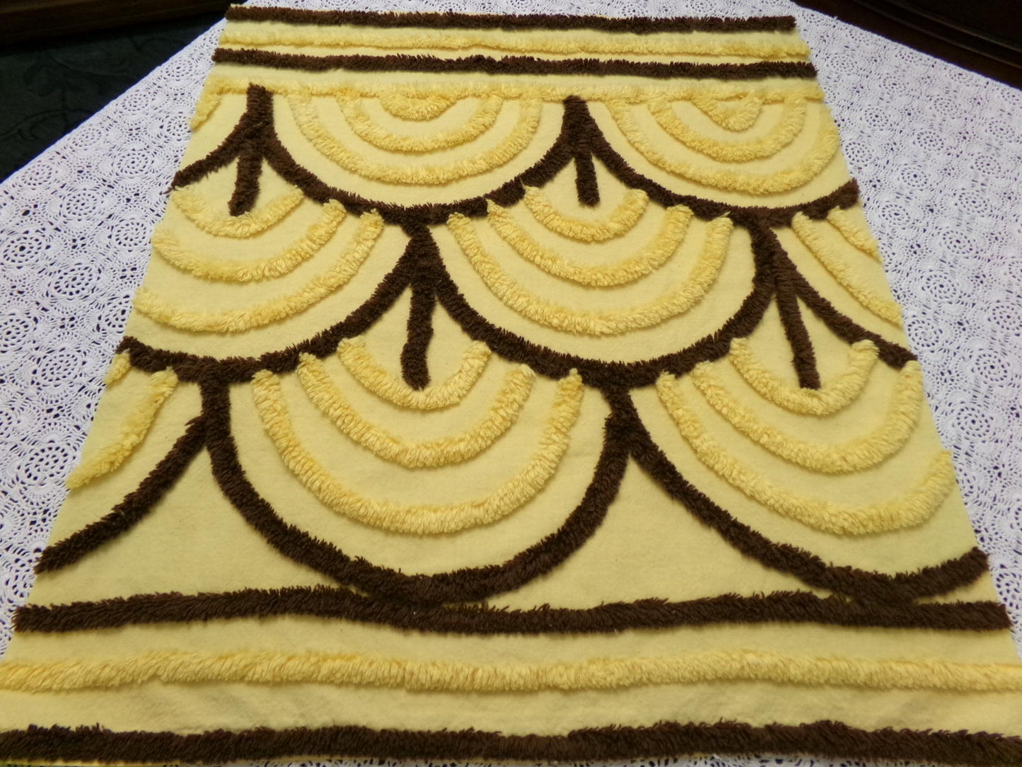 Vintage Chenille Bedspread Fabric Yellow Brown Swag Scallop 18x22.5" Piece Quilt Sewing Material