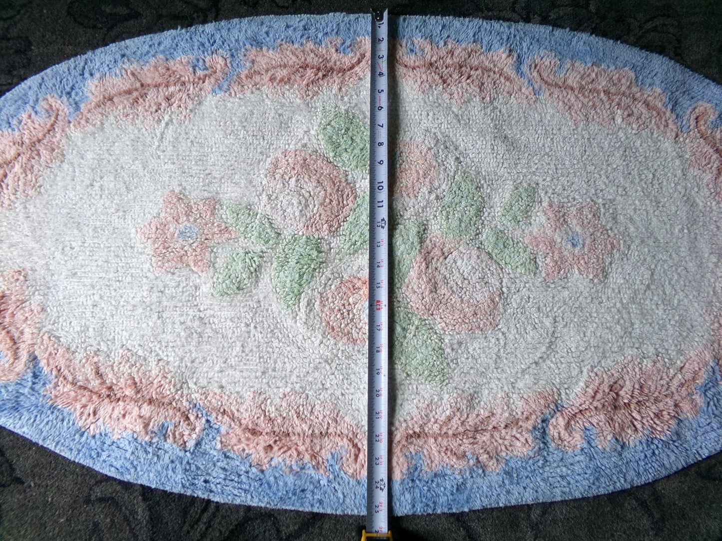Vintage Shabby Cottage Chenille Rug, Lovely Muted Rose Florals & Pink Leaves, Cotton Bed Bath Accent Mat, Oval Shape, Large Size 25"W x 44"L