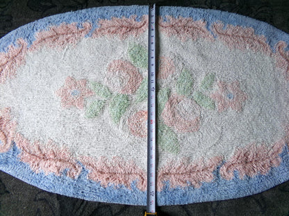 Vintage Shabby Cottage Chenille Rug, Lovely Muted Rose Florals & Pink Leaves, Cotton Bed Bath Accent Mat, Oval Shape, Large Size 25"W x 44"L