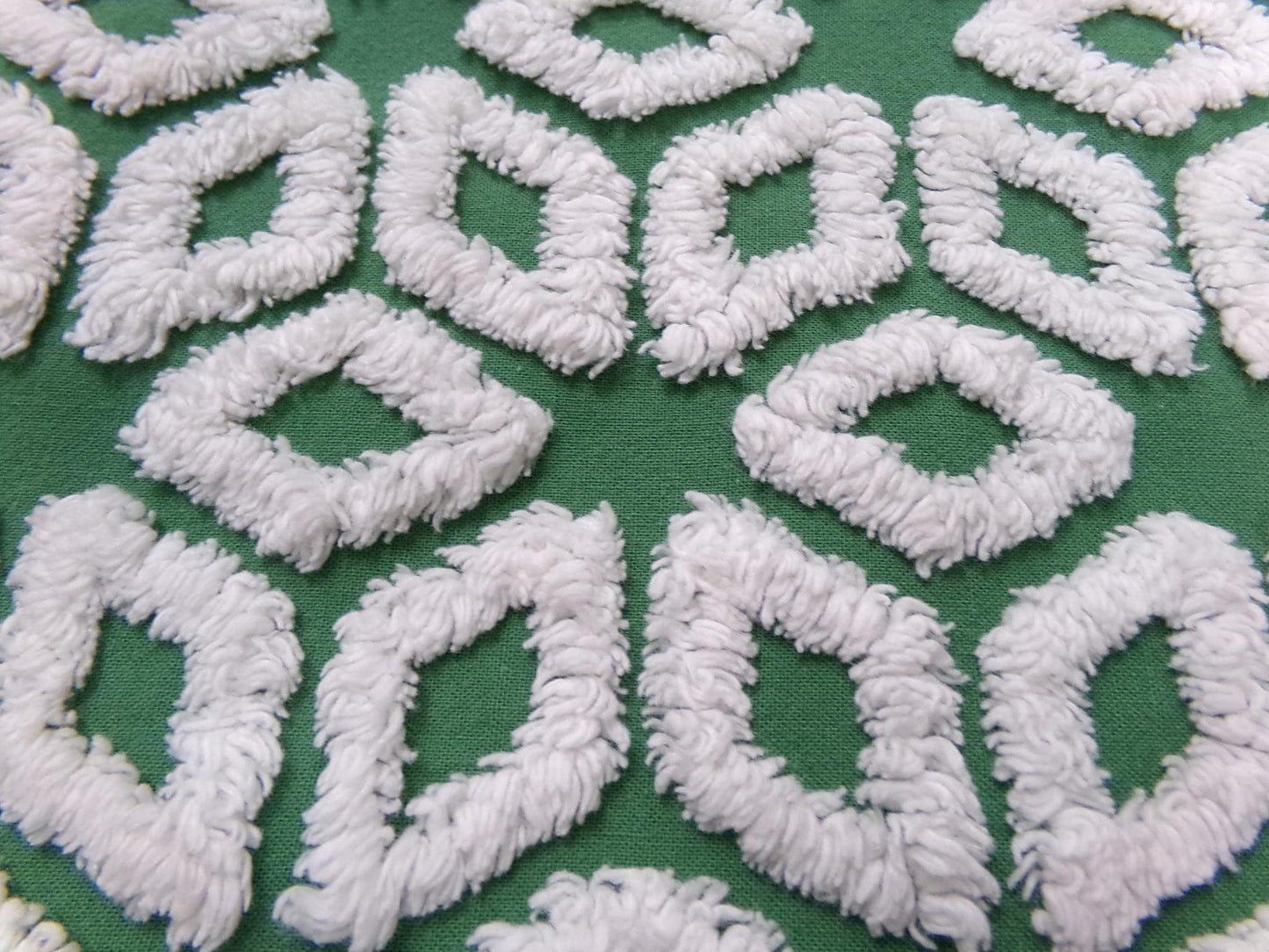 White Snowflake Vintage Chenille Fabric, Christmas Green 17.5x26" Piece