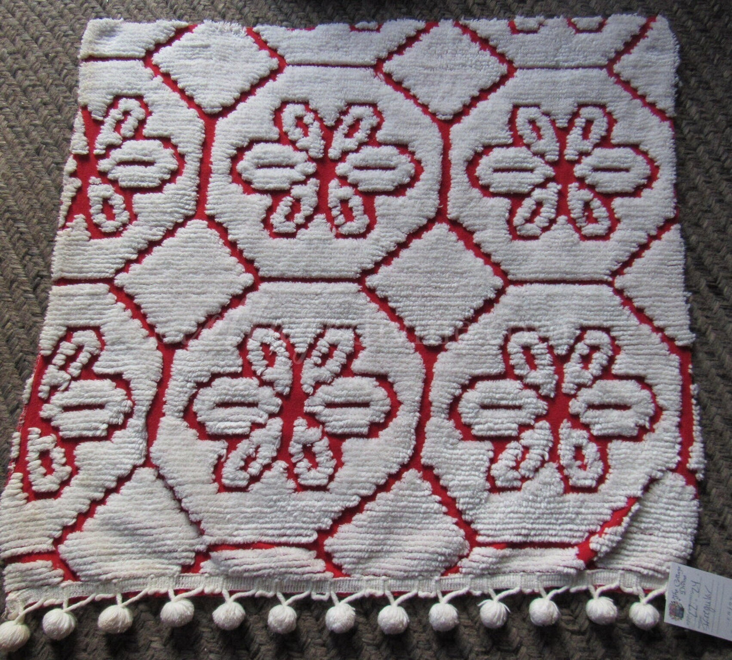 Snow White Daisy Vintage Chenille Fabric, Red Cotton Sewing Material, 22" x 24" Cut Piece