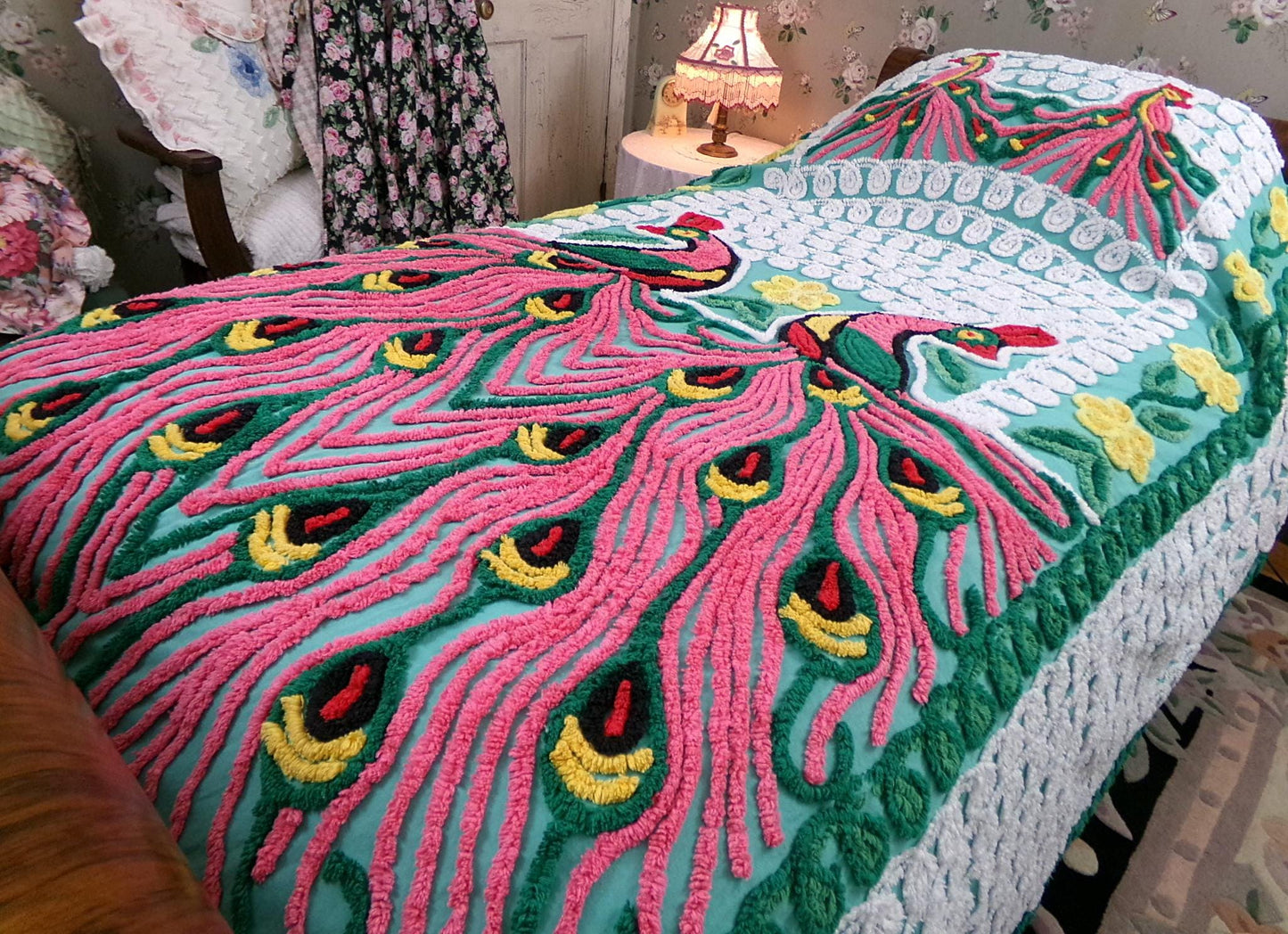 Green Peacock Vintage Chenille Bedspread, Full Size Pink Lovebirds & Swirls