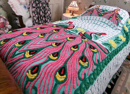 Green Peacock Vintage Chenille Bedspread, Full Size Pink Lovebirds & Swirls