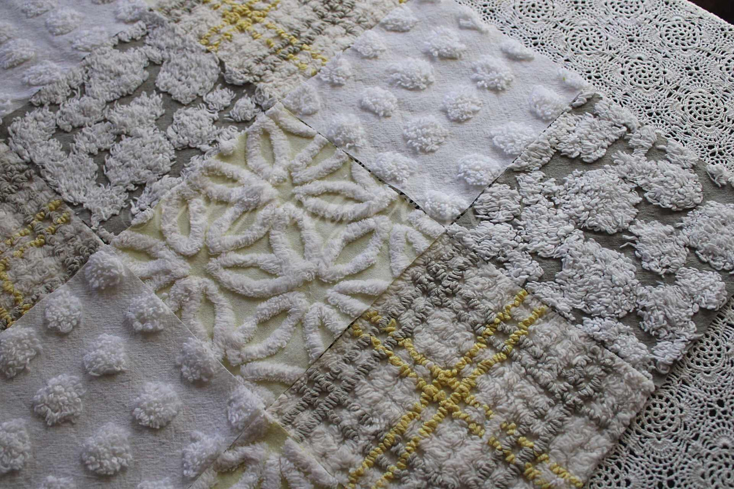 Sun & Clouds Vintage Chenille Fabric Squares, Set of 17 Rotary Cut 6" Quilt Blocks, Soft Yellow, White, Grey