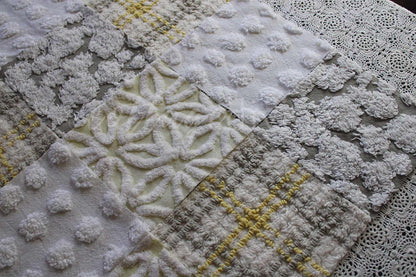 Sun & Clouds Vintage Chenille Fabric Squares, Set of 17 Rotary Cut 6" Quilt Blocks, Soft Yellow, White, Grey