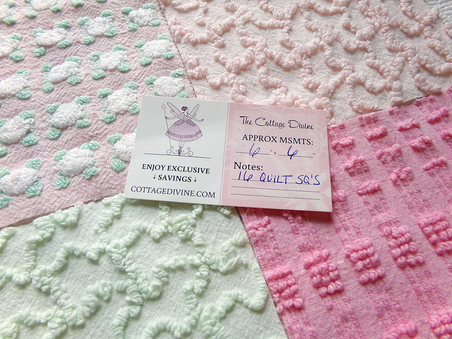 phantom rose 6" chenille squares, green, pink, white rosebud, set of 16 quilt blocks rotary cut from vintage chenille bedspread fabrics