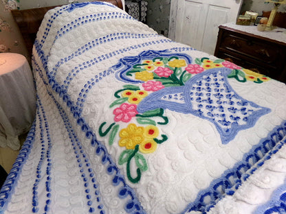 bring me joy vintage chenille bedspread, colorful sprawling blue flower basket on white, retro cottage style full size cotton bedding