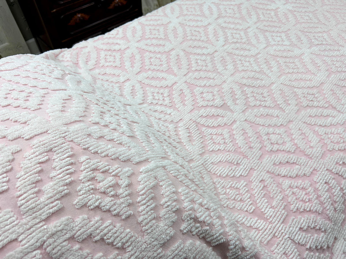 Vintage White & Pink Chenille Bedspread, Twin Size Coverlet, Accent Fringe