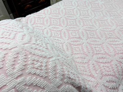 Vintage White & Pink Chenille Bedspread, Twin Size Coverlet, Accent Fringe
