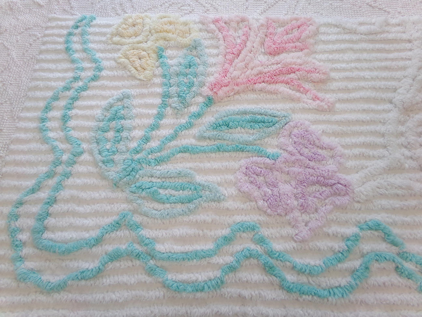 Pastel Floral Vintage Chenille Bedspread Fabric, Cottage Chic Design 18" x 24" piece sewing material