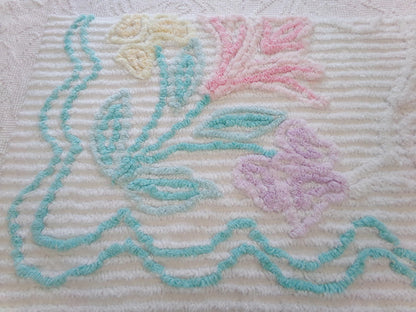 Pastel Floral Vintage Chenille Bedspread Fabric, Cottage Chic Design 18" x 24" piece sewing material