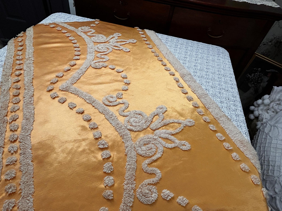 Vintage Gold Satin Fabric, Scroll Tufted Chenille Crowns 23x36" Piece