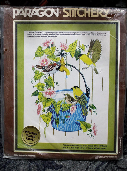 IN THE GARDEN Vintage Crewel Embroidery Kit Song Birds Floral Paragon Stitchery 0946