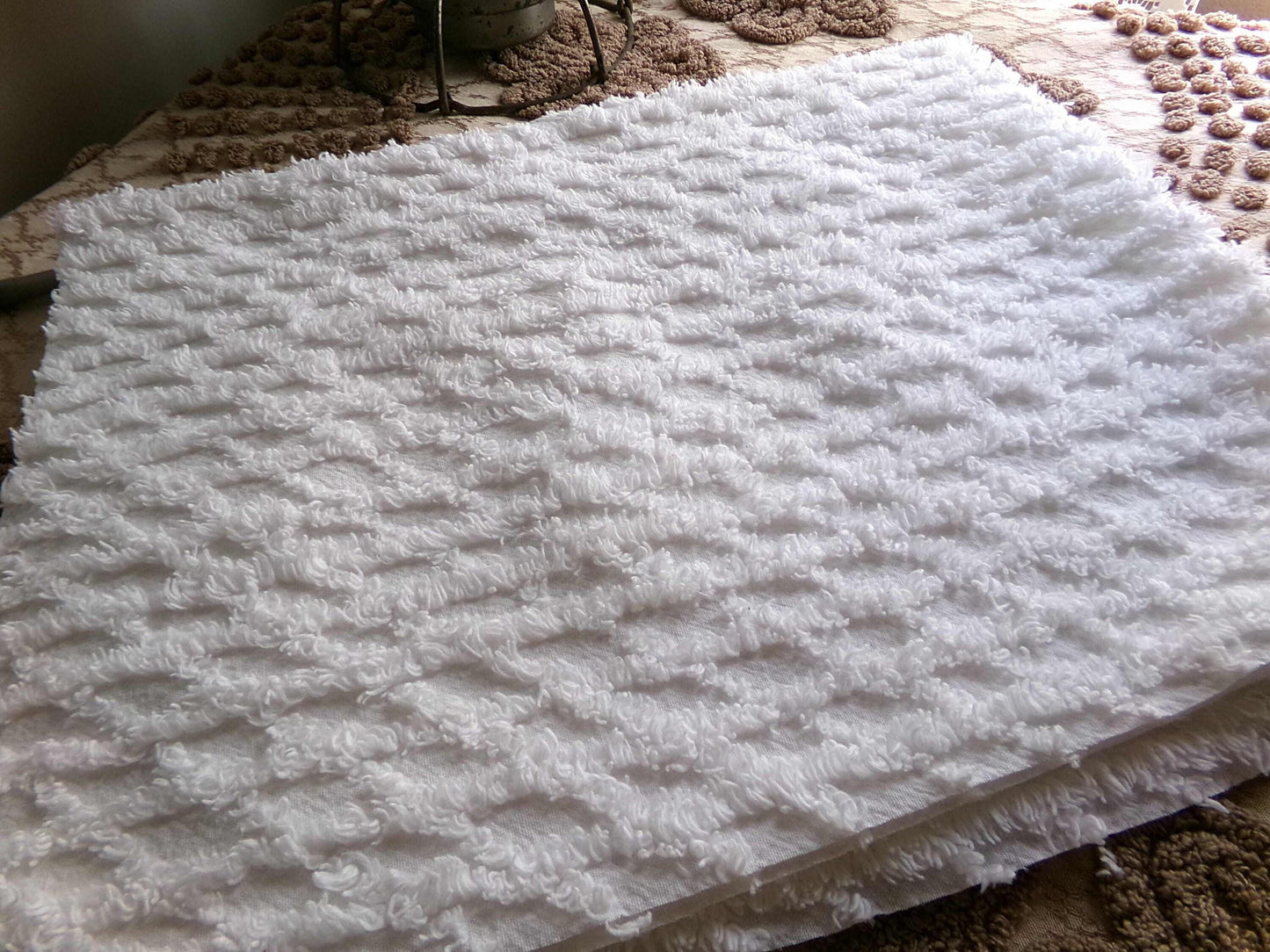 White Lattice Vintage Chenille Fabric, Simple Diamond Design, 18" x 24" inches Piece, 100% Cotton