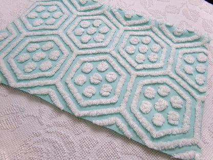 Vintage Chenille Fabric Coastal Fresh Aqua White Geometric Hexagon Dot 18x24"