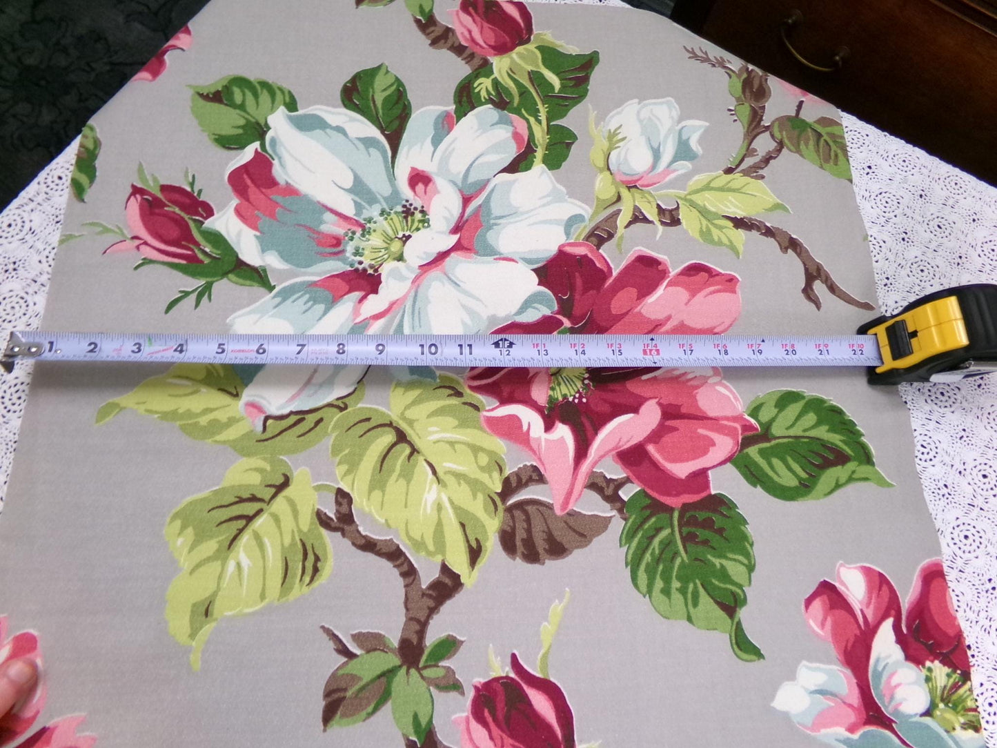 Vintage Barkcloth Fabric 1940s Pink Aqua Magnolia Floral Gray Mid-Century, 22" x 34"