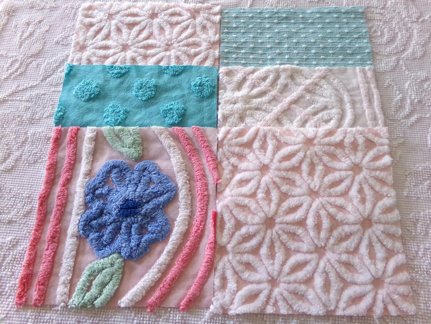 chenille fabric squares, set of 6 large 9.5" square quilt blocks from vintage chenille bedspreads, pretty daisy, plush floral, dots