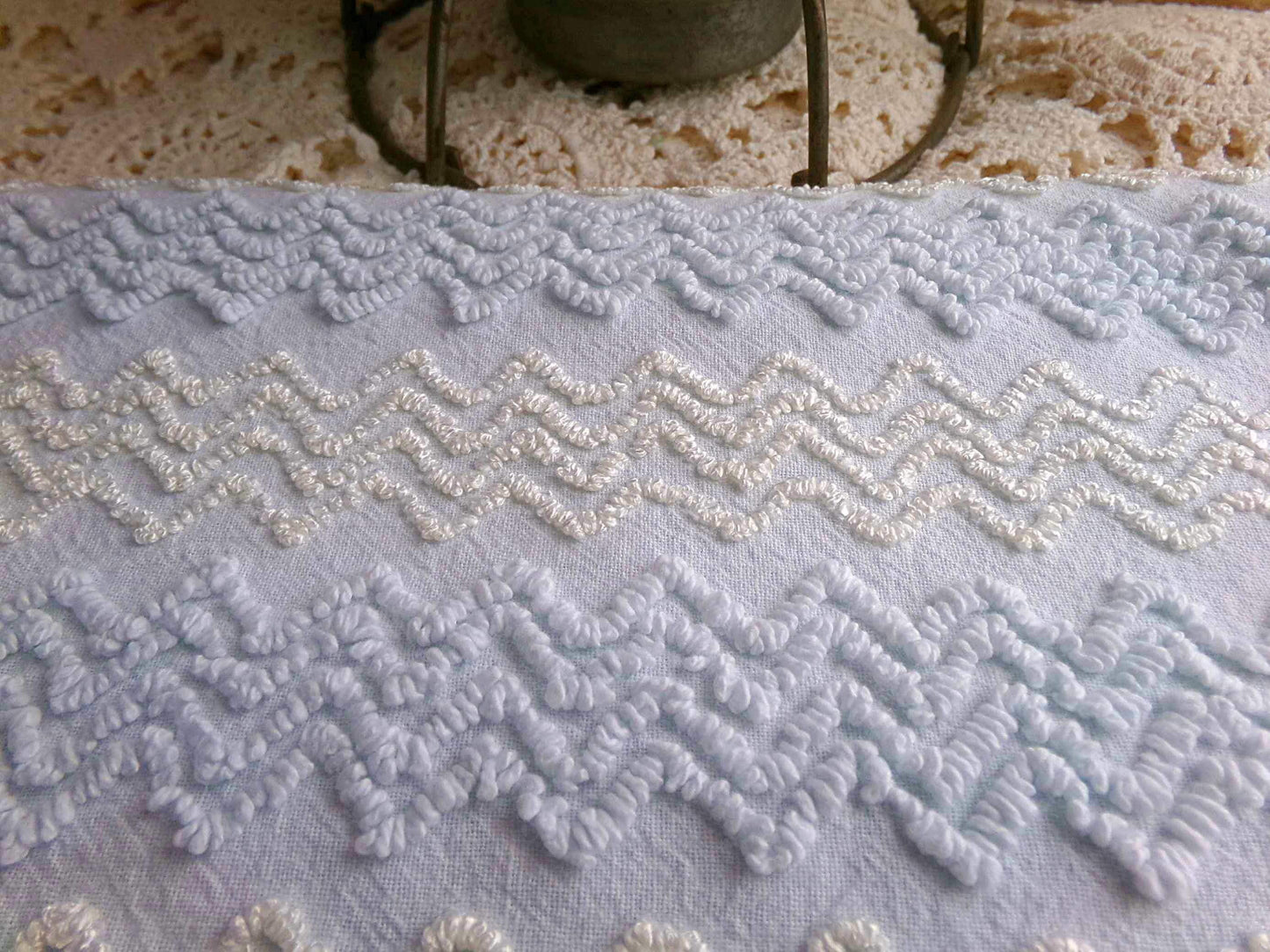 pastel blue & white vintage chenille fabric 23" x 20" gentle zig zag texture quilting material