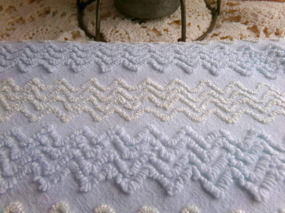 pastel blue & white vintage chenille fabric 23" x 20" gentle zig zag texture quilting material