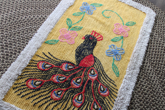Amazing Vintage Peacock Chenille Rug, Shaggy Border, Large Size 27.5" x 49" Inches, Great Bed Bath Accent Mat, 100% cotton