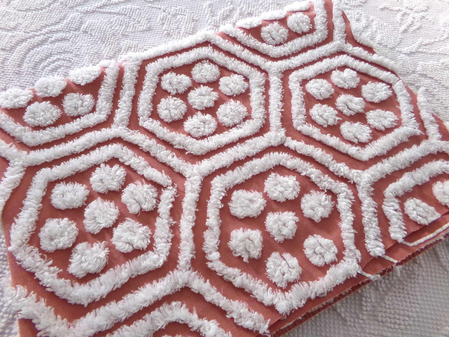 boho vintage chenille fabric, white tufted terracotta geometric design, 18" x 24" quilt material