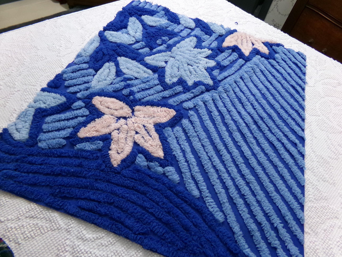 mystical blue vintage chenille bedspread fabric, plush lux star lily florals, 18" x 22" piece