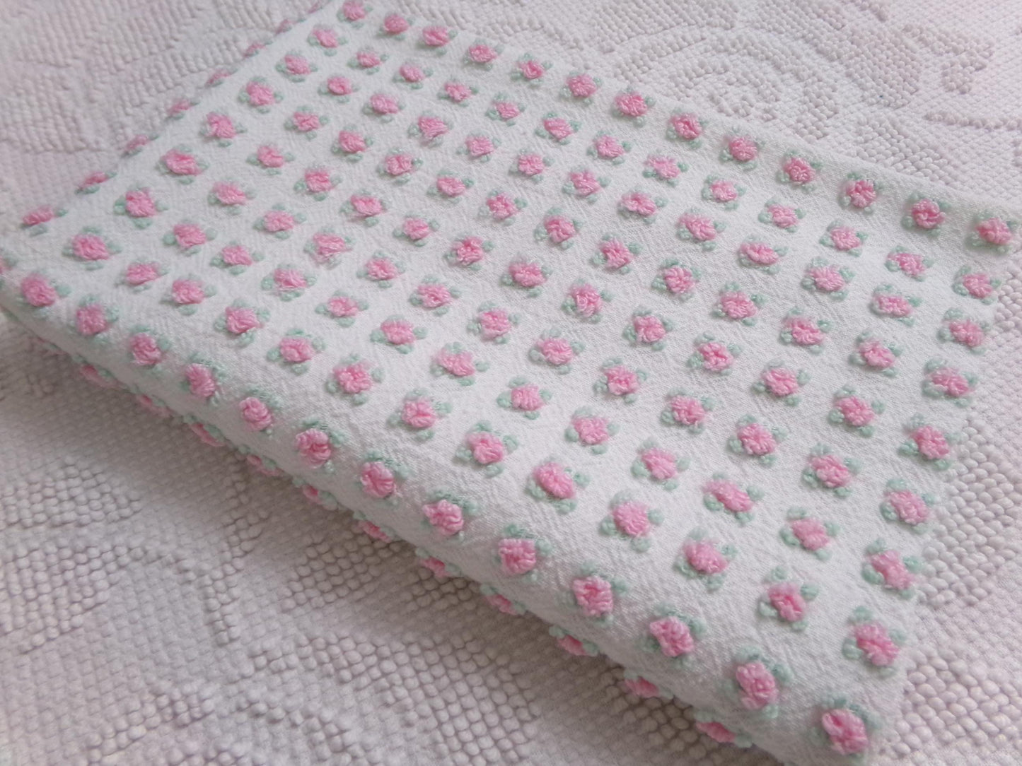 Shabby Tiny Tuft Pink Rosebud Vintage Chenille Fabric, Mini Rose Pattern, 20" x 12"