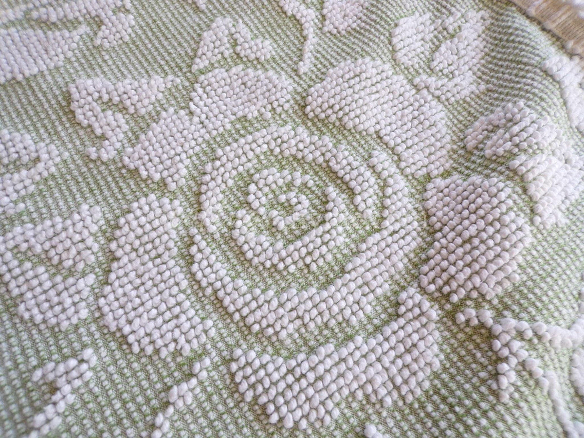 Vintage Sage Green Chenille Fabric, White Cabbage Rose 25x30" Pc